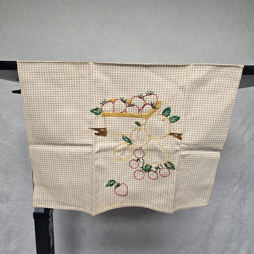 Late 50's Early 60's Hand Stitched Fruit Basket Decorative Kitchen Towel Retro